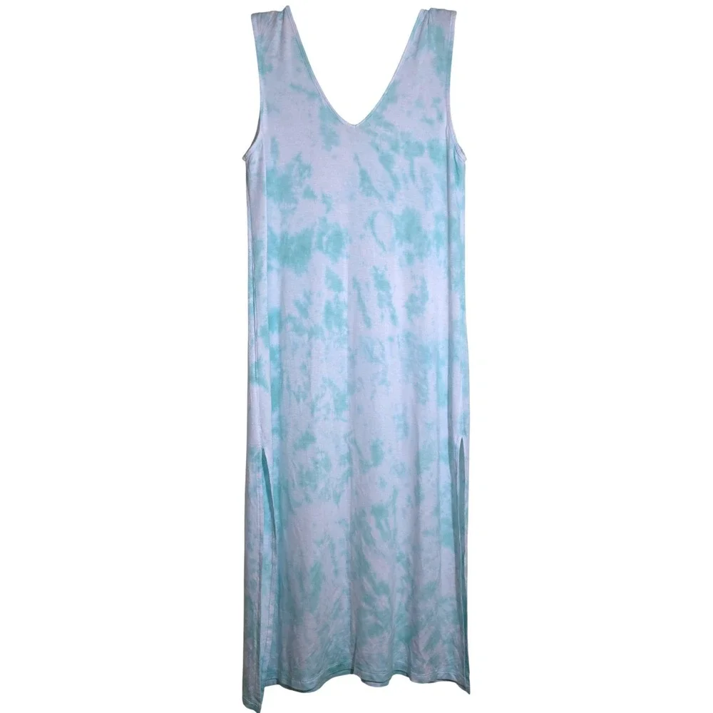 Beach Break Tie Dye Maxi Swim Cover Up Womens Large Aqua White Sleeveless EUC